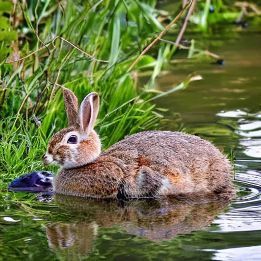 Prompt: high detailed photo of the river bank with a rabbit is relaxing near it and a duck floating by.