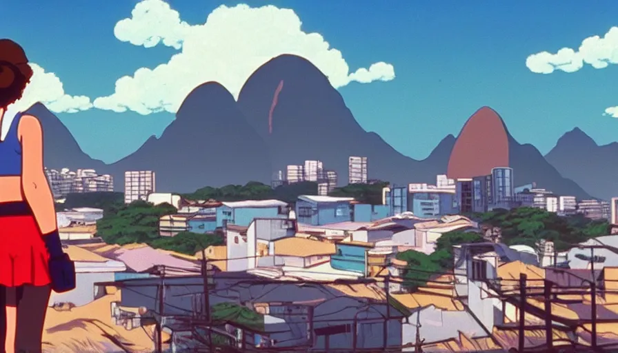 Prompt: 1 9 8 6 movie screencap of a girl with a gun on a rio de janeiro, gucci clothes, studio ghibli sky, beautiful favela background extremely utra high quality artwork 8 k