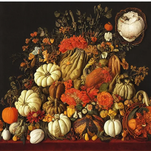 Image similar to victorian thanksgiving feast, flowers and gourds, black background, vanitas, still life by giuseppe arcimboldo, intricate high detail masterpiece