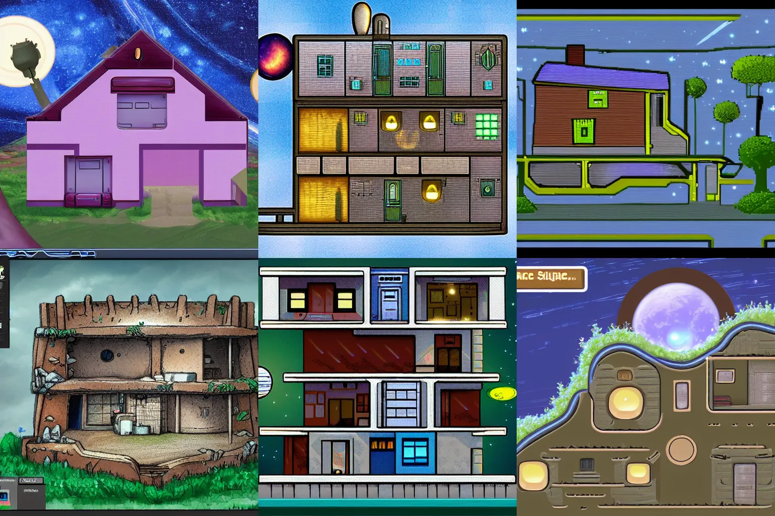 Prompt: front view of a house that is part of a small colony on a strange planet, from a space themed Serria point and click 2D graphic adventure game, high quality graphics