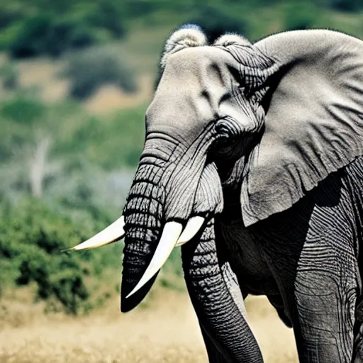 Prompt: an elephant with the fur of a zebra, national geographic photo, magazine photography