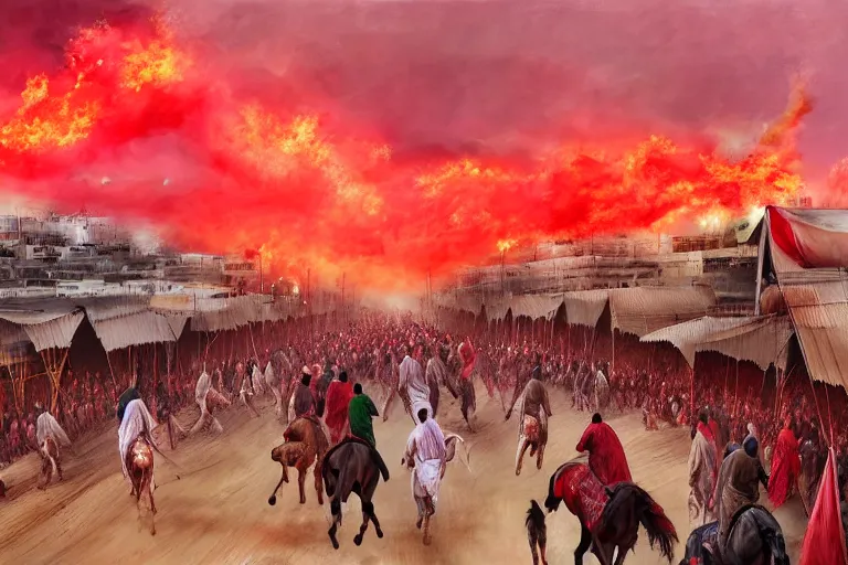 Image similar to karbala battle field, imam hussain, horses and people panicked, red cloudy sky, tents on fire, women running away, photo realistic painting