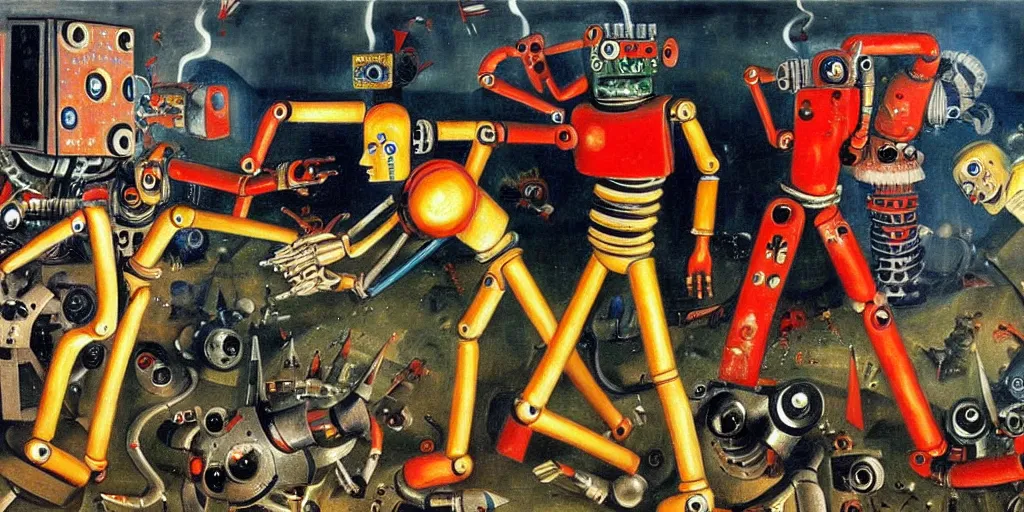 Image similar to scene from future robot battle, painting by otto dix, 8 k