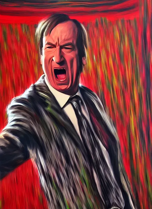 Prompt: saul goodman, screaming, multimedia painting by david lynch,'action lines '!!!, graphic style, visible brushstrokes, motion blur, blurry