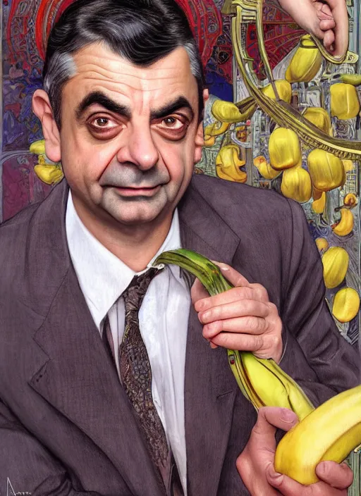 Image similar to Rowan Atkinson as cross eyed Mister Bean holding a banana, intricate, elegant, highly detailed, centered, digital painting, artstation, concept art, smooth, sharp focus, illustration, art by artgerm and donato giancola and alphonse mucha