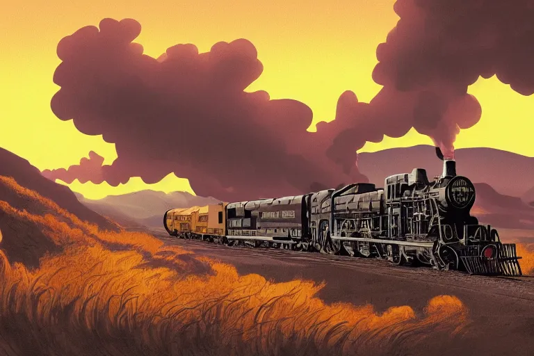 Image similar to old western freight train illustration by joe fenton and syd mead, artstation, 4 k, graphic novel, concept art, matte painting, steam engine spewing billowy white clouds of steam, beautiful idyllic mountain desert sunset background, golden hour