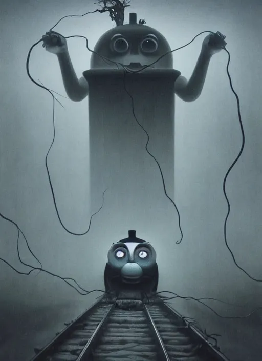 Image similar to thomas the tank engine in style of zdzisław beksinski, extremely dramatic lighting, 8 k, tendrils, black, darkness, black slime tendrils, infected, rust, body horror, thomas the train, thomas the tank engine face, horror,