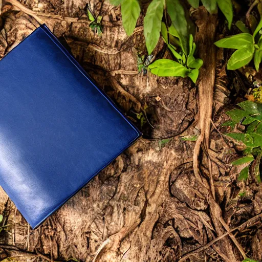 Image similar to a blue leather bound book, standing open on a wooden stump in a jungle, vines growing around