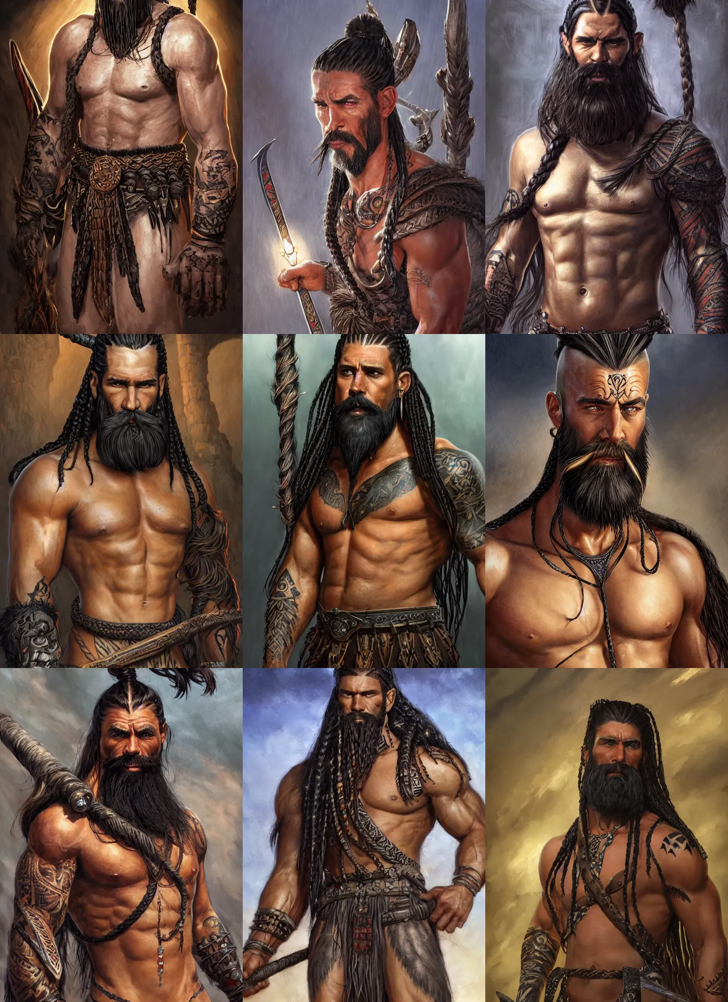 Prompt: a tall muscular man with a full black beard, with light gray skin, barbarian, short hair on sides of head, long braided hair on top of head, tribal tattoos on head and chest and back, style by donato giancola, wayne reynolds, jeff easley dramatic light, high detail, cinematic lighting, artstation, dungeons and dragons