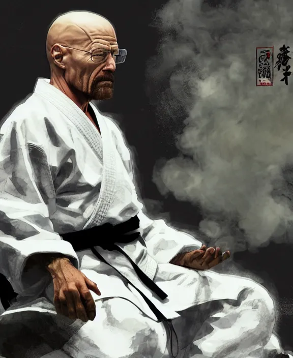 Prompt: Concept art of grandmaster walter white wearing a white martial artist gi, sitting down meditating with eyes closed, bald head and white beard, surrounded by white smoke, smoke fills the area, plain background, by Chen Uen, art by Yoji Shinkawa, 4k