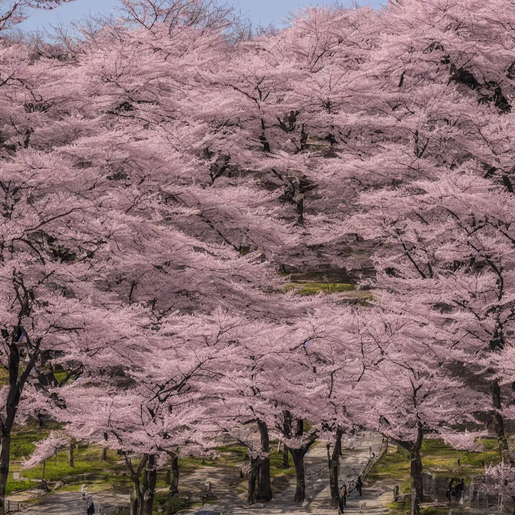 Image similar to old empty samurai city surrounded by sakura trees few