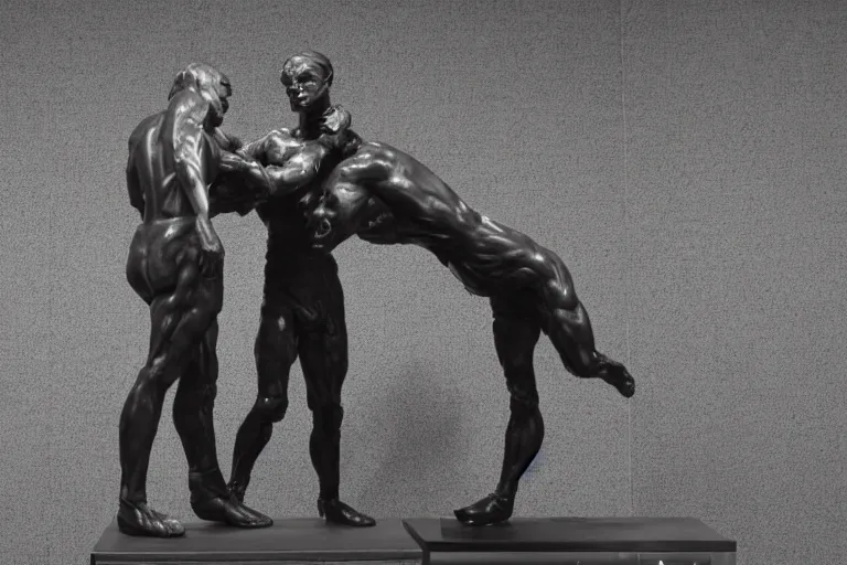 Prompt: full body, alan turing wrestling with agent smith, sculpture by auguste rodin