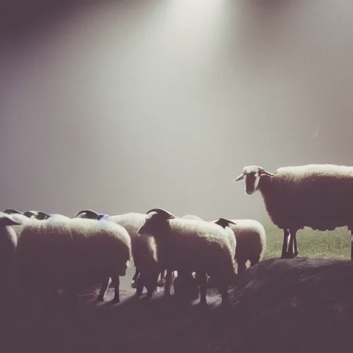 Prompt: sheep in a burning room, cinestill 800t 50mm, photography