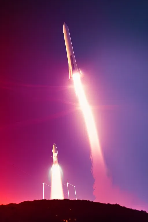 Image similar to hyperdetailed photograph of a futuristic rocket launching and leaving huge plumes of smoke, cinematic, volumetric lighting, night, thunder