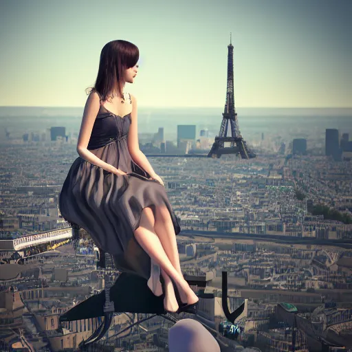 Prompt: A young beautiful giantess wearing a sundress sitting on the Eifel tower, beautiful lighting,digital art , highly detailed , high contrast, beautiful lighting, award winning , trending on art station, 8k, photorealistic,unreal engine 5