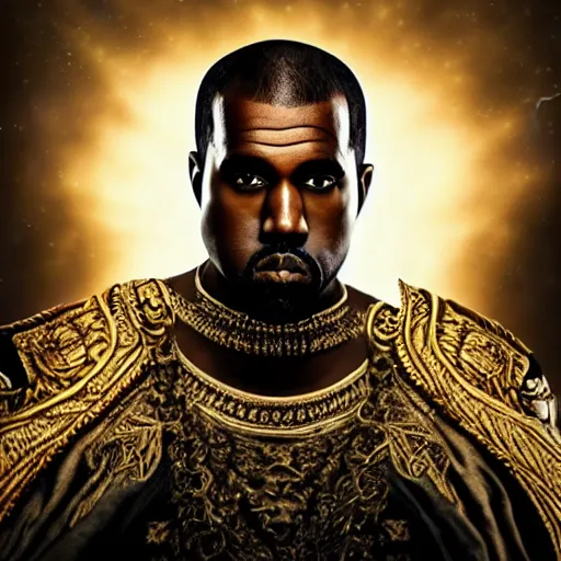 Image similar to Portrait of Kanye West as the god-emperor of mankind, amazing splashscreen artwork, splash art, natural light, elegant, intricate, fantasy, atmospheric lighting, cinematic, matte painting