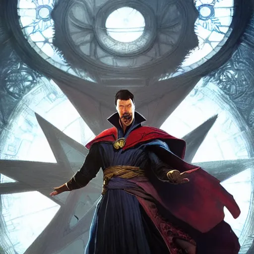 Image similar to Dr strange as a character in Diablo 3, gorgeous, beautiful, intricate, highly detailed, digital painting, artstation, oppressive lighting, concept art, sharp focus, illustration, art by greg rutkowski and alphonse mucha