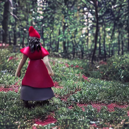 Image similar to a cinematic film still of a claymation stop motion film starring emma watson as little red riding hood, and realistic wolf, shallow depth of field, 8 0 mm, f 1. 8