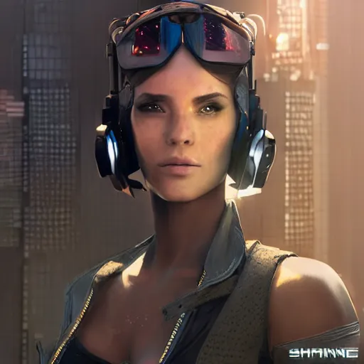 Image similar to Beautiful Sophia. gorgeous female cyberpunk mercenary wearing a cyberpunk headset, military vest, and jumpsuit. Gorgeous face. Concept art by Sherree Valintine Daines and James Gurney. Industrial setting. ArtstationHQ. Creative character design for cyberpunk 2077.