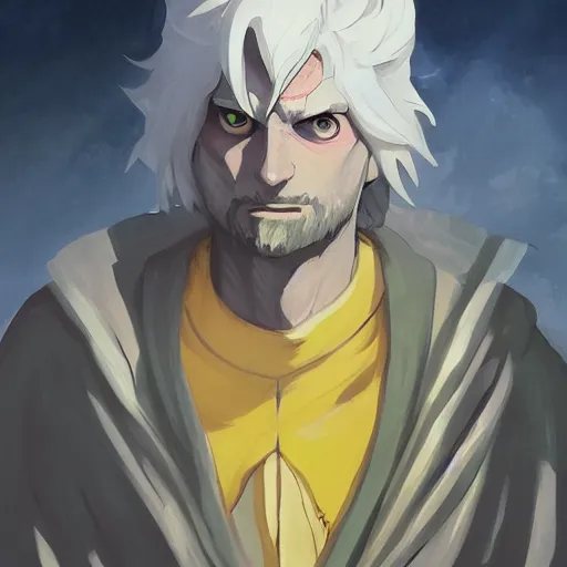 Image similar to a white haired man with yellow eyes, wearing a cultist robe, medieval background, highly detailed, digital painting, artstation, matte, by makoto shinkai, animation style, studio ghibli, anime key visual