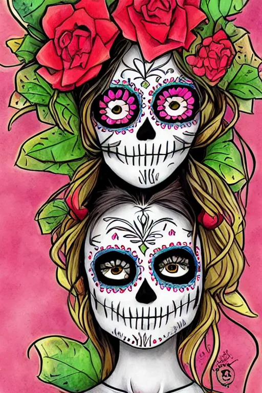 Prompt: Illustration of a sugar skull day of the dead girl, art by Steve henderson