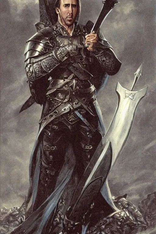 Image similar to Nicholas Cage as a paladin with a longsword, detailed fantasy art by Gerald Brom