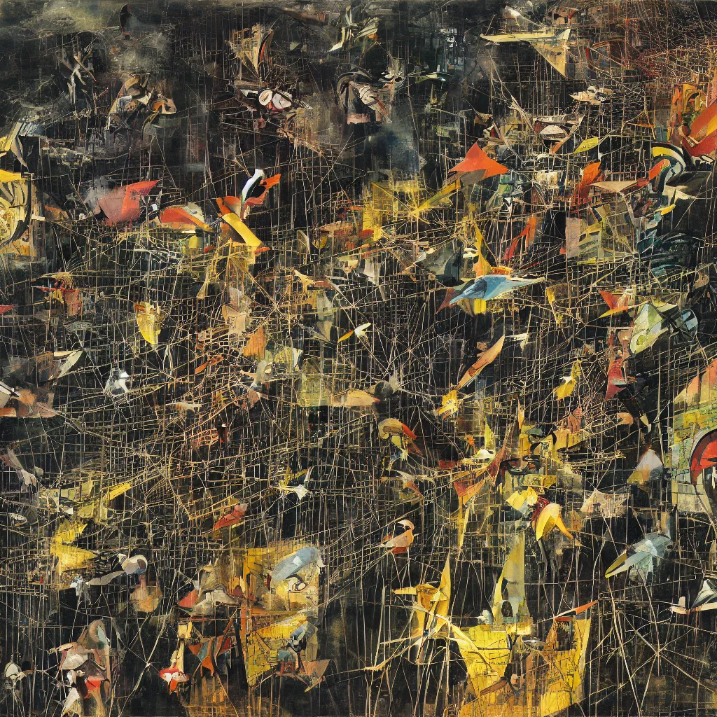 Image similar to digital birds fly over a progressively rasterized city of networks, oil on canvas by dave mckean and roberto matta