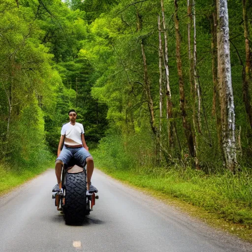 Image similar to A man sitting on a beautiful road in a forest with tall Nutmeg trees lined up on the side of the road with his back to the camera, professional photography