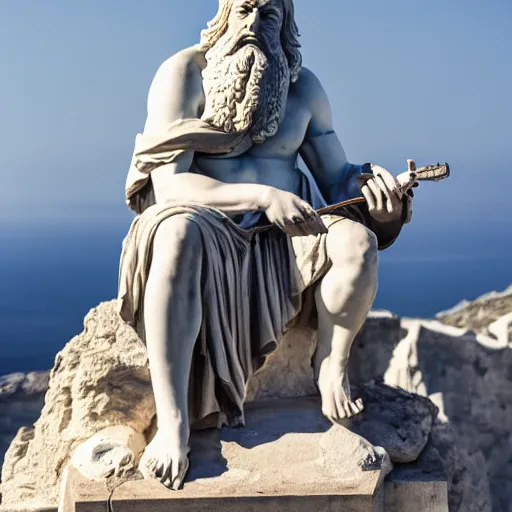 Image similar to epic greek marble statue of a bald man with a long beard playing a marble guitar, photo, chiaroscuro