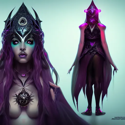 Image similar to dark sorceress full view, wide angle, highly detailed, wlop style, artstation, symmetrical face, concept art, soft light, sharp focus, illustration, character design