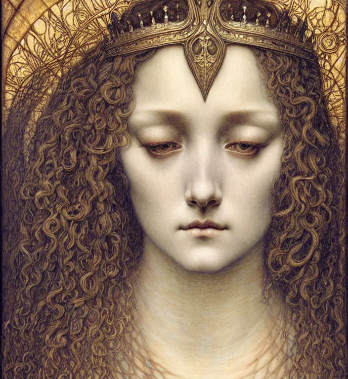 Image similar to detailed realistic beautiful young medieval queen face portrait by jean delville, gustave dore and marco mazzoni, art nouveau, symbolist, visionary, gothic, pre - raphaelite. horizontal symmetry