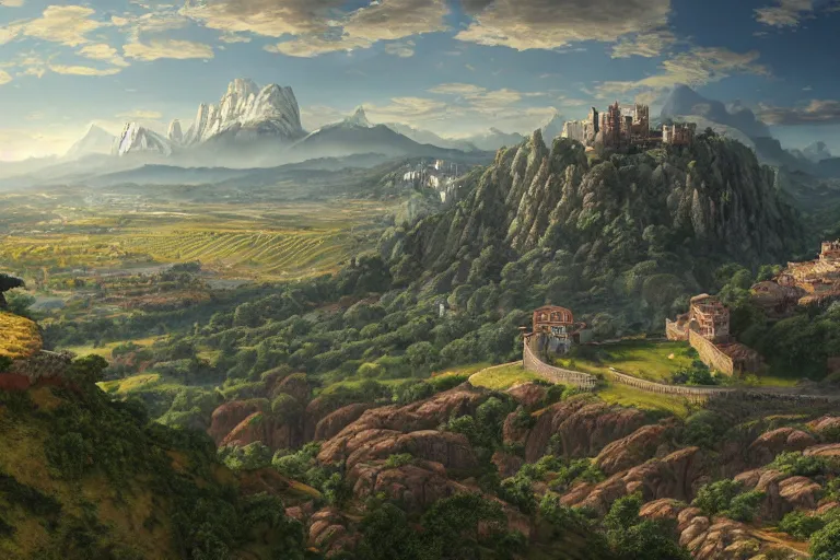 Prompt: an ultra detailed matte landscape painting of an extremely tall and strong young man with short brown hair standing on a cliff overlooking a medieval capital built on top of many hills, italian renaissance architecture, ultrawide lense, aerial photography, 8 k, volumetric lighting, smooth, highly detailed, digital illustration, art by kentaro miura and akira toriyama and artgerm