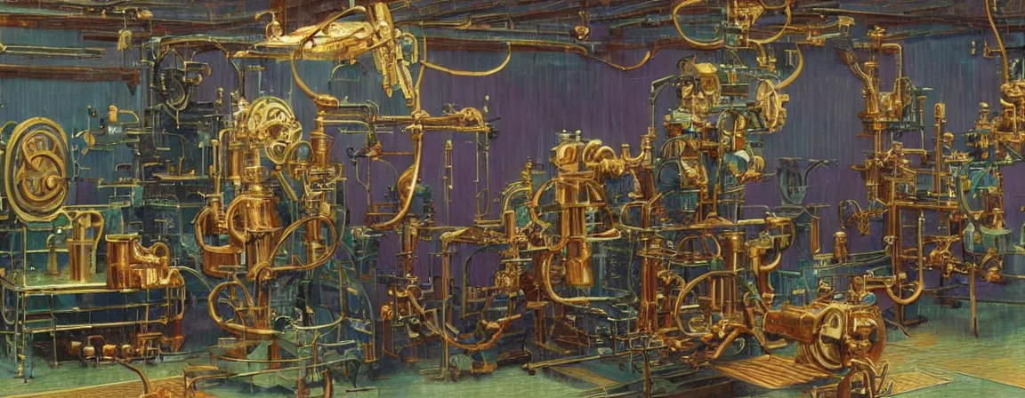 Prompt: a super high resolution film still of machine apparatus for making snake oil, huge copper machine with purple and green intricate pipework, art by andrey remnev, and bruce pennington, directed by denis villeneuve, cinematography by robby muller, fine detail, kodachrome 8 k, snake machine, cinematic lighting