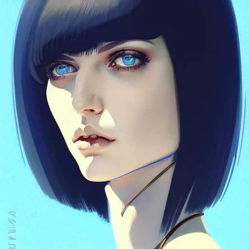 Image similar to woman with dark bobcut haircut with friendly blue eyes and slim features looking askance, eye cyberpunk bionics, retro futurist style, intricate, elegant gleaming jewelry, angelic halo, highly detailed, digital painting, artstation, concept art, smooth, sharp focus, illustration, art by wlop, mars ravelo and greg rutkowski,