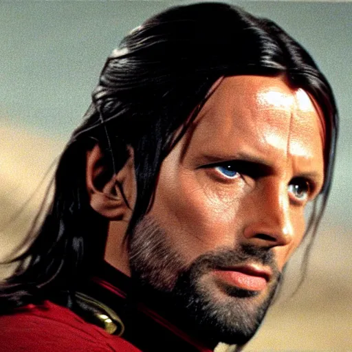 Image similar to A still of Aragorn as Scotty on Star Trek: The Original Series, red shirt, sharp focus, high quality, 4k