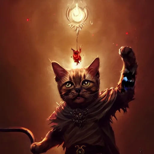 Image similar to Cat, Anthropomorphized, casting evil spell, magic the gathering artwork, D&D, fantasy, centered, symmetrical, highly detailed, artstation, concept art, sharp focus, 8k, art by Akihiko Yoshida and Greg Rutkowski and Craig Mullins, oil painting