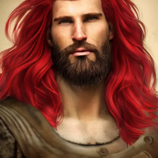 Image similar to portrait of a ruggedly handsome!!!!! male ship captain with long red hair!!!!!!, 30 years old, upper body, wavey hair, muscular, friendly, playful, D&D, hairworks, Unreal 4, fantasy, elegant, highly detailed, digital painting, hairworks, deviantart, artstation, concept art, sharp focus, dramatic lighting, illustration, art by Artgerm and Greg Rutkowski and Alphonse Mucha