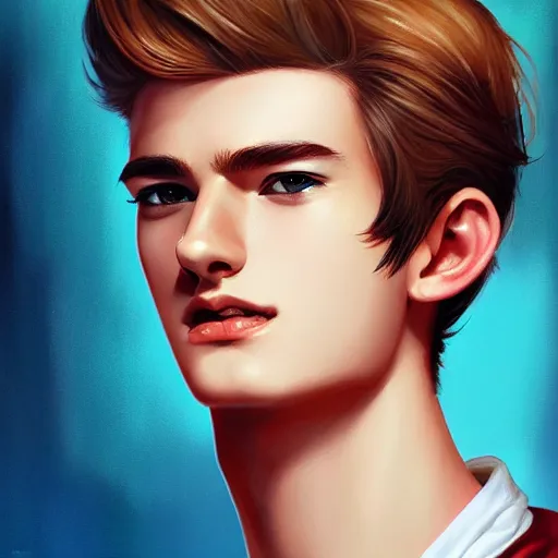 Prompt: colorful Captivating teenage boy with brown blond short quiff hair and facial structure like andrew garfield, brown eyes with red eye markers, slim body, wearing a detailed Japanese kimono with golden details, atmospheric lighting, painted, intricate, 4k, highly detailed by Charlie Bowater
