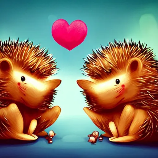 Prompt: two cute adorable hedgehogs, sitting together on a couch, romantic, shy hedgehog, blushing, waving, smiling, cute, hedgehog, by cyril rolando