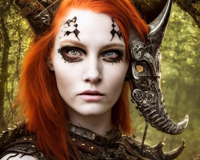 Prompt: 5 5 mm portrait photo of an armored gorgeous anesthetic redhead woman warrior with a face tattoo and cat eyes and horns growing from her head, in a magical forest in the style of greg rutkowski. by luis royo. highly detailed 8 k. intricate. lifelike. soft light. nikon d 8 5 0. cinematic post - processing