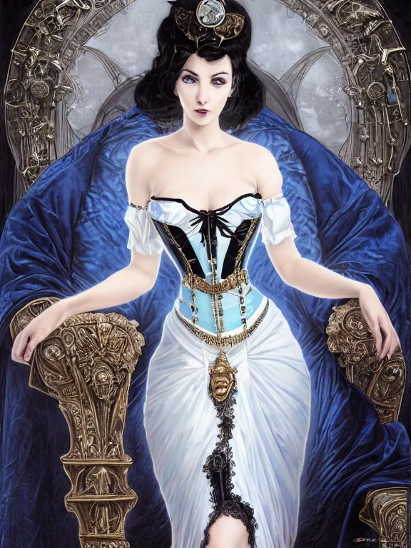 Prompt: portrait of evil steampunk ice lady, elegant corset, pale white skin, sky - blue dress, robes, black jewerly, dark blue hair, sitting on ice throne, beautiful fractal ice background, ornamental, highly detailed, detailed face, smooth, sharp focus, digital painting, by artgerm and greg rutkowski and alphonse mucha