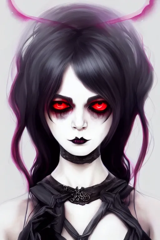 Image similar to Portrait of seductive female necromancer, D&D, revealing stylish dress, red eyes, black lipstick, choker on neck, long black hair, mouth slightly open, slight nerdy smile, fantasy, intricate, elegant, highly detailed, digital painting, artstation, concept art, smooth, sharp focus, illustration, art by artgerm and greg rutkowski and alphonse mucha