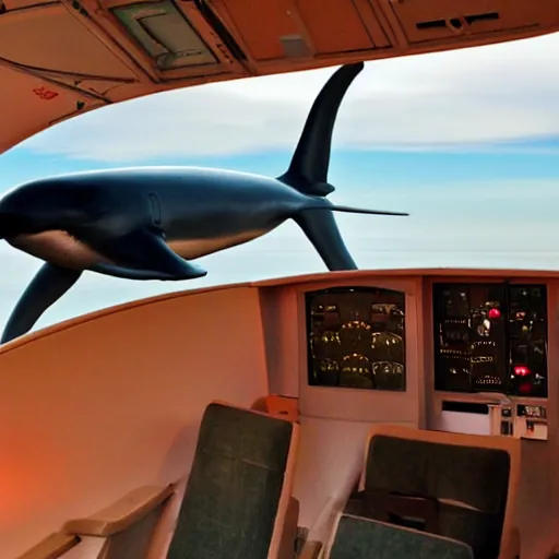 Image similar to an airplane with a tiny whale pilot, the whale is in the airplane cabin, the whale head can be seen through the window