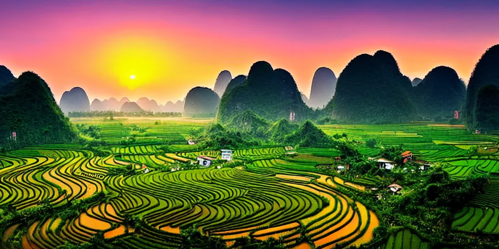 Prompt: vietnamese countryside at dawn