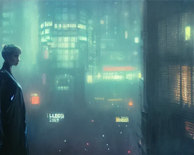 Image similar to 2 0 1 8 blade runner movie still girl look at the cityscape from roof perfect face fine realistic face pretty face neon puffy jacket blue futuristic sci - fi elegant by denis villeneuve tom anders zorn hans dragan bibin thoma greg rutkowski ismail inceoglu illustrated sand storm alphonse mucha