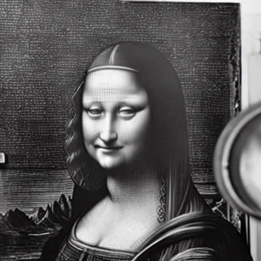 Image similar to rare old photo from behind of leonardo da vinci painting his unfinished painting of monalisa