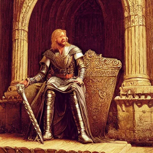 Image similar to attractive king arthur pendragon, sat in his throne, big arches in the back, natural lighting, path traced, high quality, very detailed digital painting, by gaston bussiere, craig miller, j. c. leyendecker