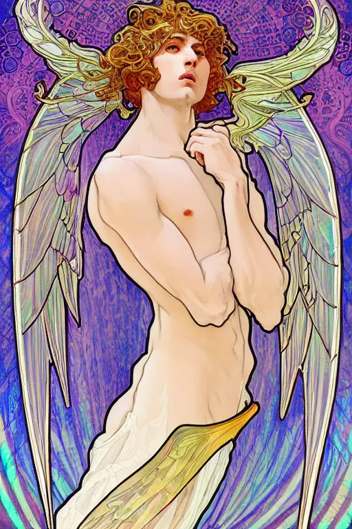 Prompt: full figure art nouveau window depicting a beautiful young fit male angel with curly blond hairs, dressed with fluent clothes, majestic wings, luminous halo, by alfons mucha, d & d character, gradient white to gold, in front of an iridescent background, highly detailed portrait, digital painting, artstation, concept art, smooth, sharp focus, illustration, artstation hq