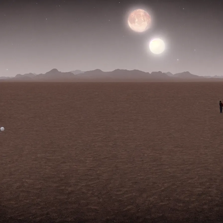 Prompt: a surreal landscape of a frightened man wandering in a vast desert lit by two scary moons