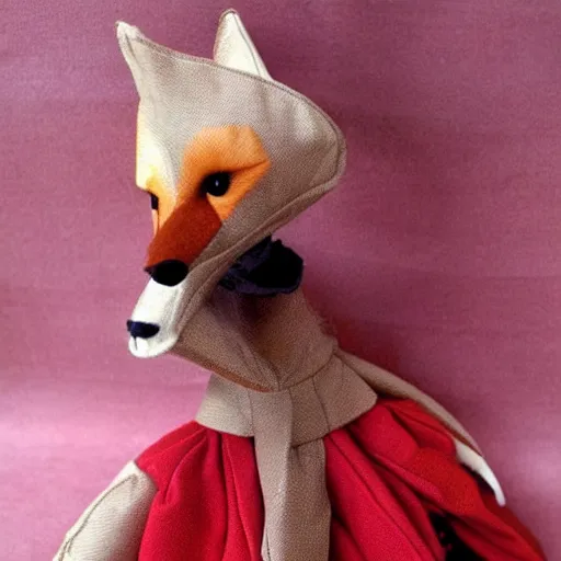 Prompt: a beautiful puppet fox wearing a dress